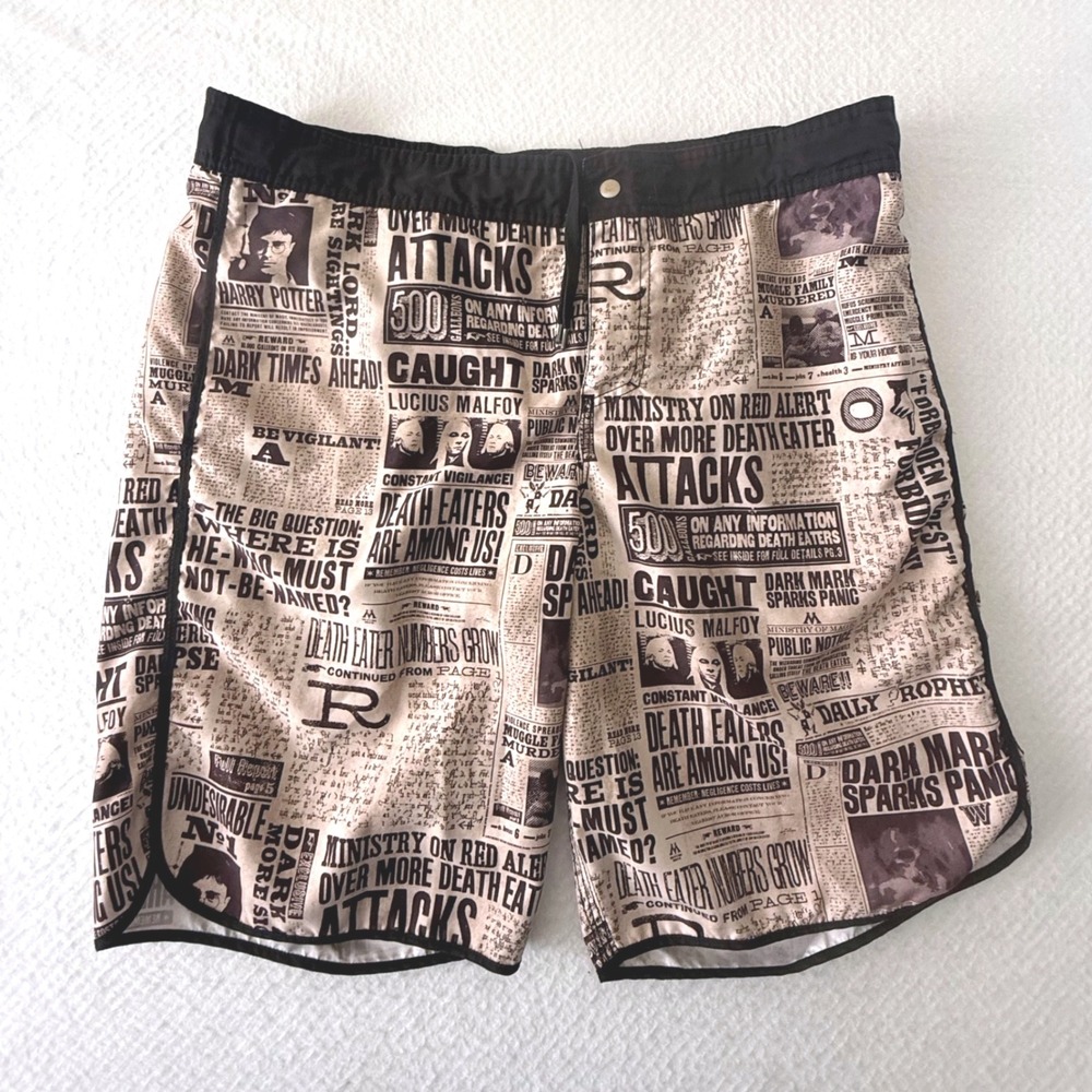 Harry Potter Board Shorts Mens XL Daily Prophet Newspaper Print Tan Black